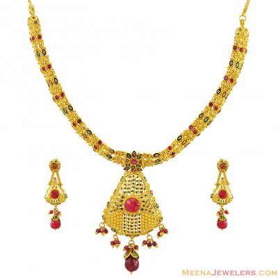 22K Elegant Meenakari Necklace Set ( 22 Kt Gold Sets )