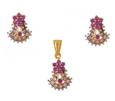 Gold Ruby and Cz Pendant Set ( Precious Stone Pendant Sets )