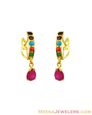 22Kt Gold Navratan Hoop Earrings ( Hoop Earrings )