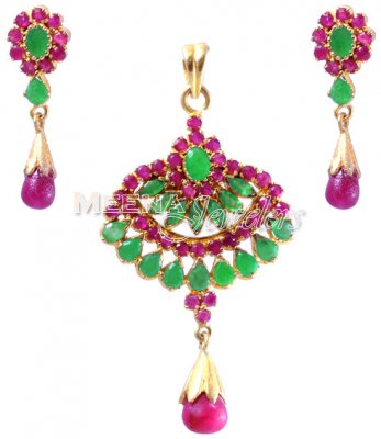 22Kt Gold Emerald, Ruby Pendant Set ( Precious Stone Pendant Sets )