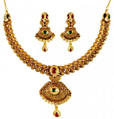 22K Antique  Necklace Earing Set ( Antique Necklace Sets )