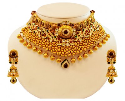 22k Gold Semi Antique Choker Set ( Antique Necklace Sets )