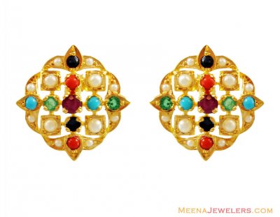 Designer Navratan Earrings 22k Gold ( Precious Stone Earrings )