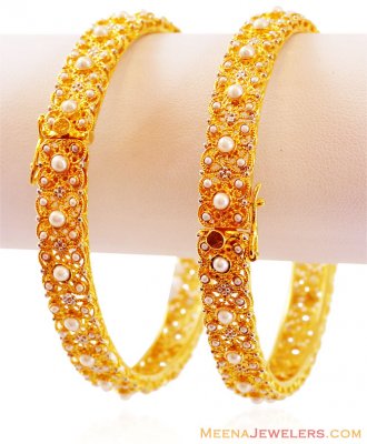 22K Designer Pearl Kada (Pair) ( Precious Stone Bangles )