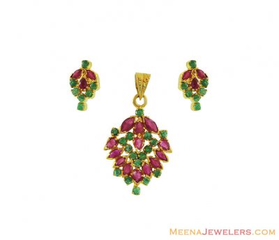 22K Gold Indian Pendant Set ( Precious Stone Pendant Sets )