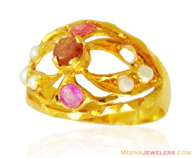 22k Fancy Ruby Pearl Ring  ( Ladies Rings with Precious Stones )