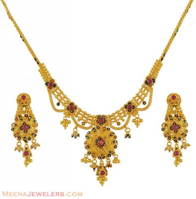 Gold Meenakari Necklace Set(22k) ( 22 Kt Gold Sets )