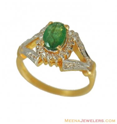 Emerald Ring with Cz ( 22 K ) ( Ladies Rings with Precious Stones )