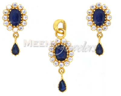 22Kt Gold Sapphire Pendant Set With CZ ( Precious Stone Pendant Sets )