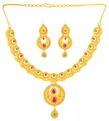 22Kt Gold Necklace Earring Set ( Precious Stone Sets )
