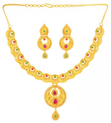 22Kt Gold Necklace Earring Set ( Precious Stone Sets )