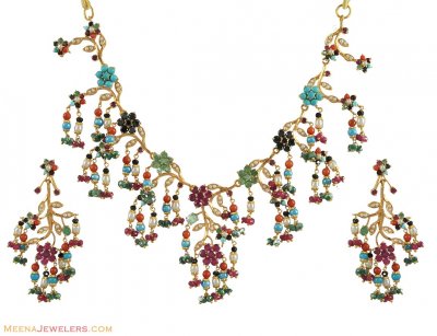 22k Gold Navaratan Necklace Set ( Precious Stone Sets )