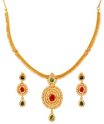 22k Gold Ruby and Emerald Necklace ( Gold Designer Sets )
