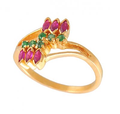 22k Gold Ring with Emerald and Ruby ( Ladies Rings with Precious Stones )