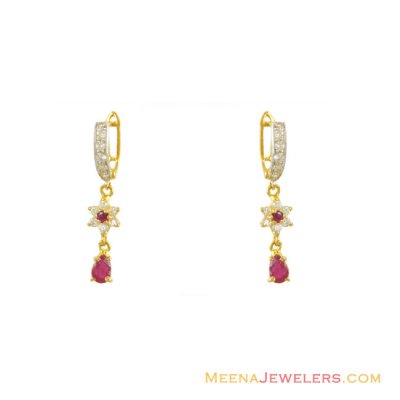 22K Gold Ruby and CZ Earrings ( Precious Stone Earrings )