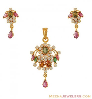 Tourmaline and Cz Pendant Set (22k gold) ( Fancy Pendant Set )