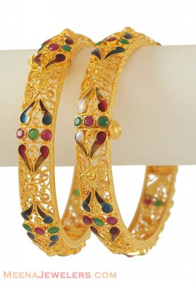 Ruby, Emerald studded Gold Bangles ( Precious Stone Bangles )