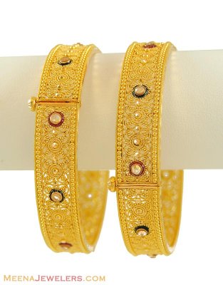 22K Filigree Bangles With Polki(2 pcs) ( Gold Bangles )