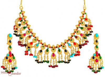 22Kt Gold Navratan Set ( Combination Necklace Set )