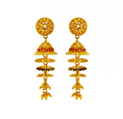 22K Gold Tri Color Jhumkas ( Long Earrings )