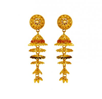 22K Gold Tri Color Jhumkas ( Long Earrings )