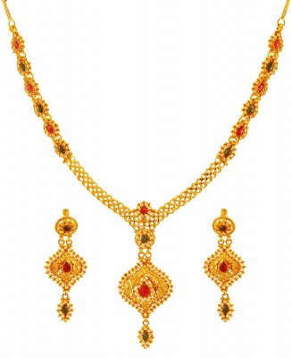 22k Gold Stones Necklace Set ( Gold Designer Sets )
