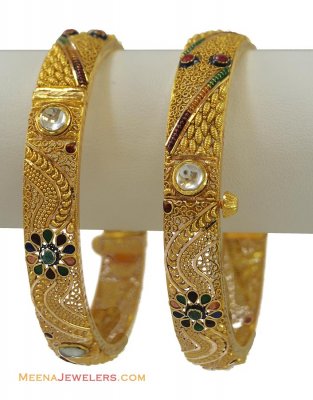 22K Gold Antique Kundan Bangle (2 pc) ( Antique Bangles )