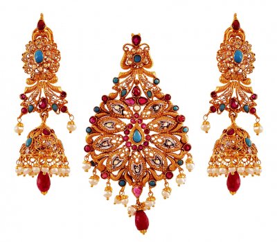 22K Ruby Pearl Studded Pendant Set  ( Precious Stone Pendant Sets )