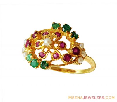 22K Fancy Three Precious Stone Ring ( Ladies Rings with Precious Stones )