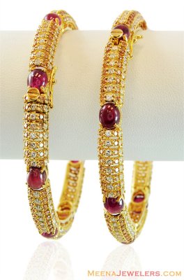 22K Fancy Stones Kadas (2PC) ( Precious Stone Bangles )