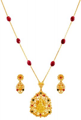 22K Gold Temple Pendant Set ( Precious Stone Pendant Sets )