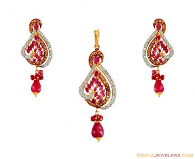 22K  Gold Ruby CZ Pendant Set ( Precious Stone Pendant Sets )