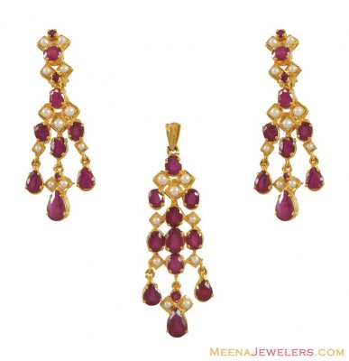 Gold Ruby, Pearl Pendant Set ( Precious Stone Pendant Sets )