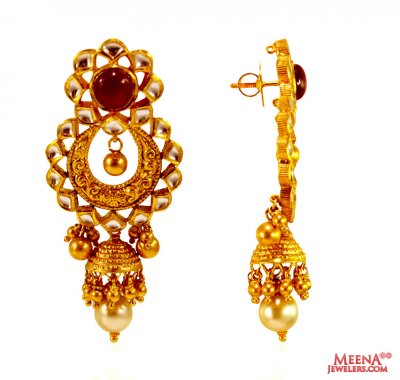 22K Antique Chandbali Earrings ( 22Kt Gold Fancy Earrings )