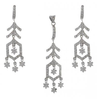 White Gold Long Pendant and Earring ( White Gold Pendant Sets )