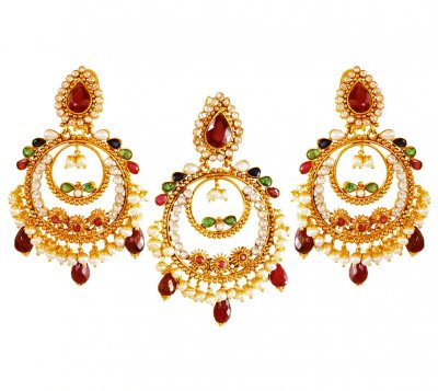 22K Gold Chand Bali Pendant Set  ( Precious Stone Pendant Sets )