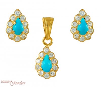 22Kt Turquoise Pendant Set ( Precious Stone Pendant Sets )