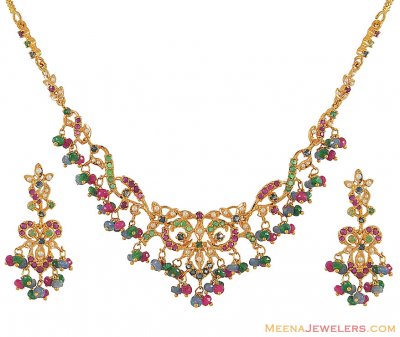 Gold Necklace Set With Precious Stones ( Combination Necklace Set )