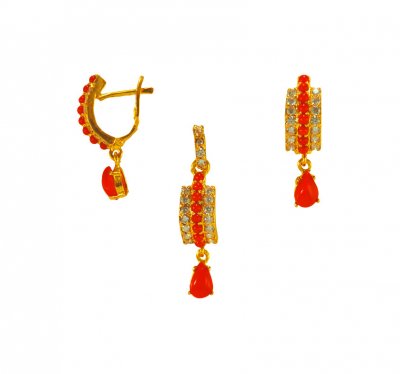 22K Gold Coral Pendant Set ( Precious Stone Pendant Sets )