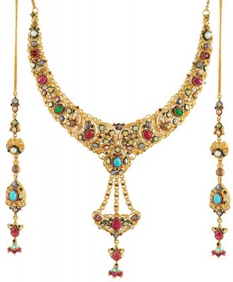 22Kt Antique Gold Necklace Set ( Antique Necklace Sets )