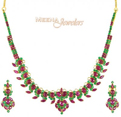 Ruby, Emerald Gold Necklace Set ( Combination Necklace Set )