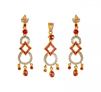 22K  Gold Ruby CZ Pendant Set ( Precious Stone Pendant Sets )