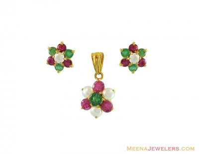 22K Precious Stone And Pearl Set ( Precious Stone Pendant Sets )