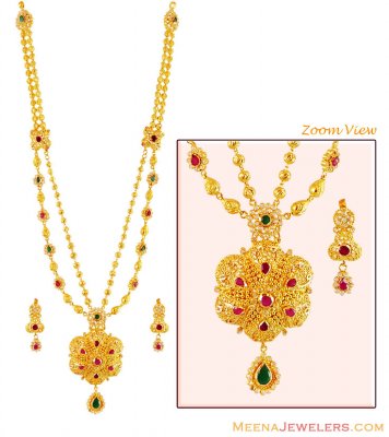 22K Gold Stones Necklace Set ( Gold Designer Sets )