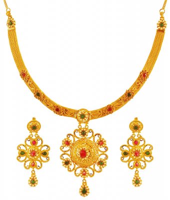 22k Gold Precious Stones Necklace Set ( Gold Designer Sets )