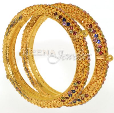 22 Kt Antique Gold Bangles With Semi Precious Stone, 2Pc ( Antique Bangles )