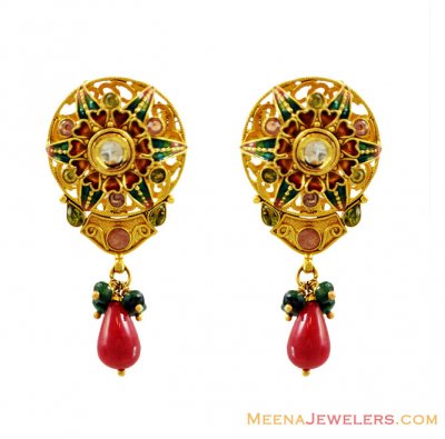 22K Designer Meena Earrings ( 22 Kt Gold Tops )