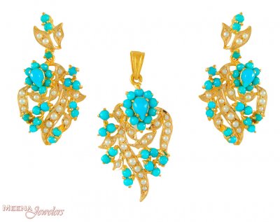 22Kt Pendant Set with Turquoise ( Precious Stone Pendant Sets )