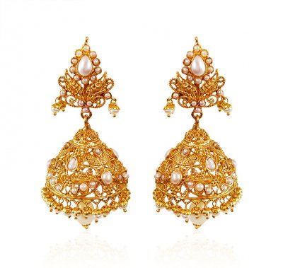 22kt Gold Pearl Jhumki ( Precious Stone Earrings )