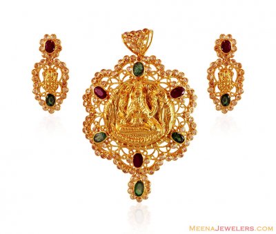 22K Gold Ruby Emerald Pendant Set ( Precious Stone Pendant Sets )